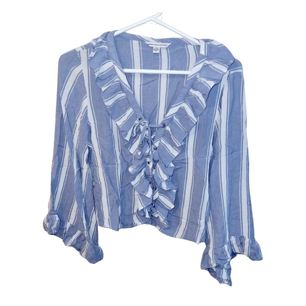 American Eagle Striped Lace-Up Shirt Women’s Large Blue & White